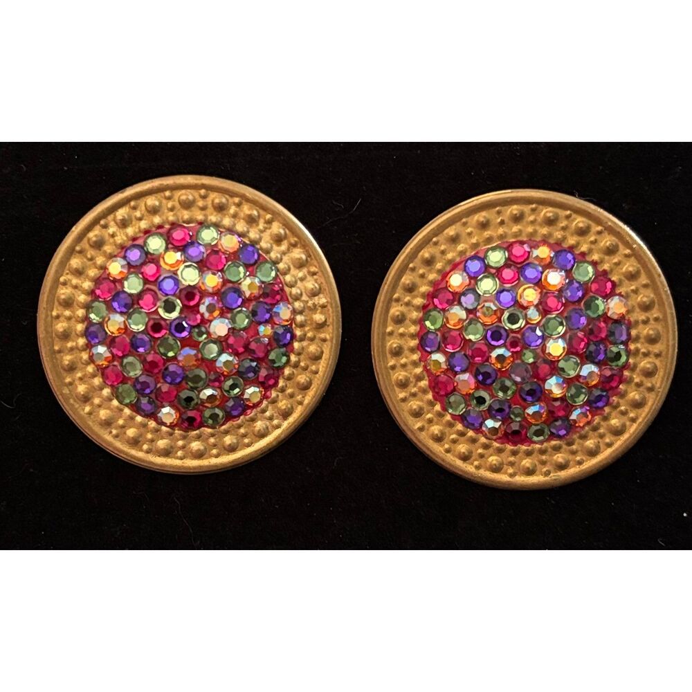 Vintage Richard Kerr Rainbow Rhinestone Pave Clip-On Earrings